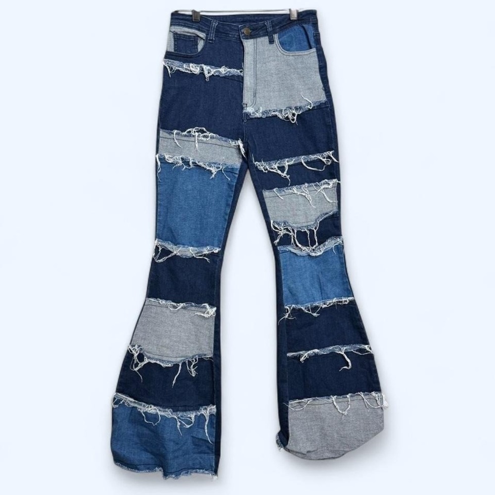 Jazz Denim Patchwork Distressed Flare Jeans Sz‎ L Boho Festival Grunge Denim EUC